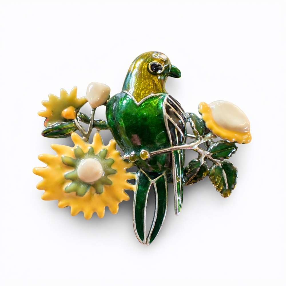 Vintage Enamel‎ Bird & Flower Brooch – Green Parrot Floral Mid Century